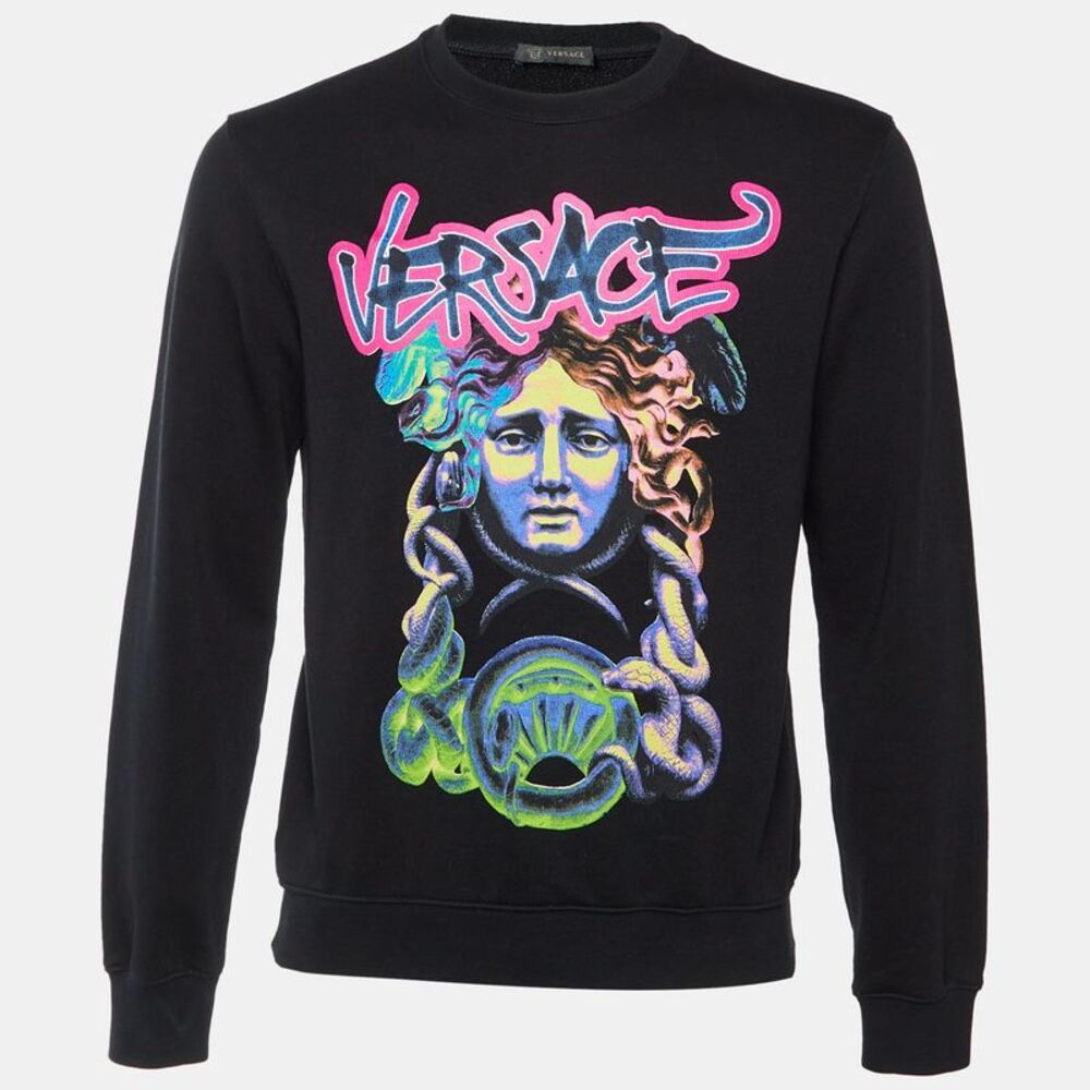 Versace Black Printed Cotton Crewneck Sweatshirt Xs